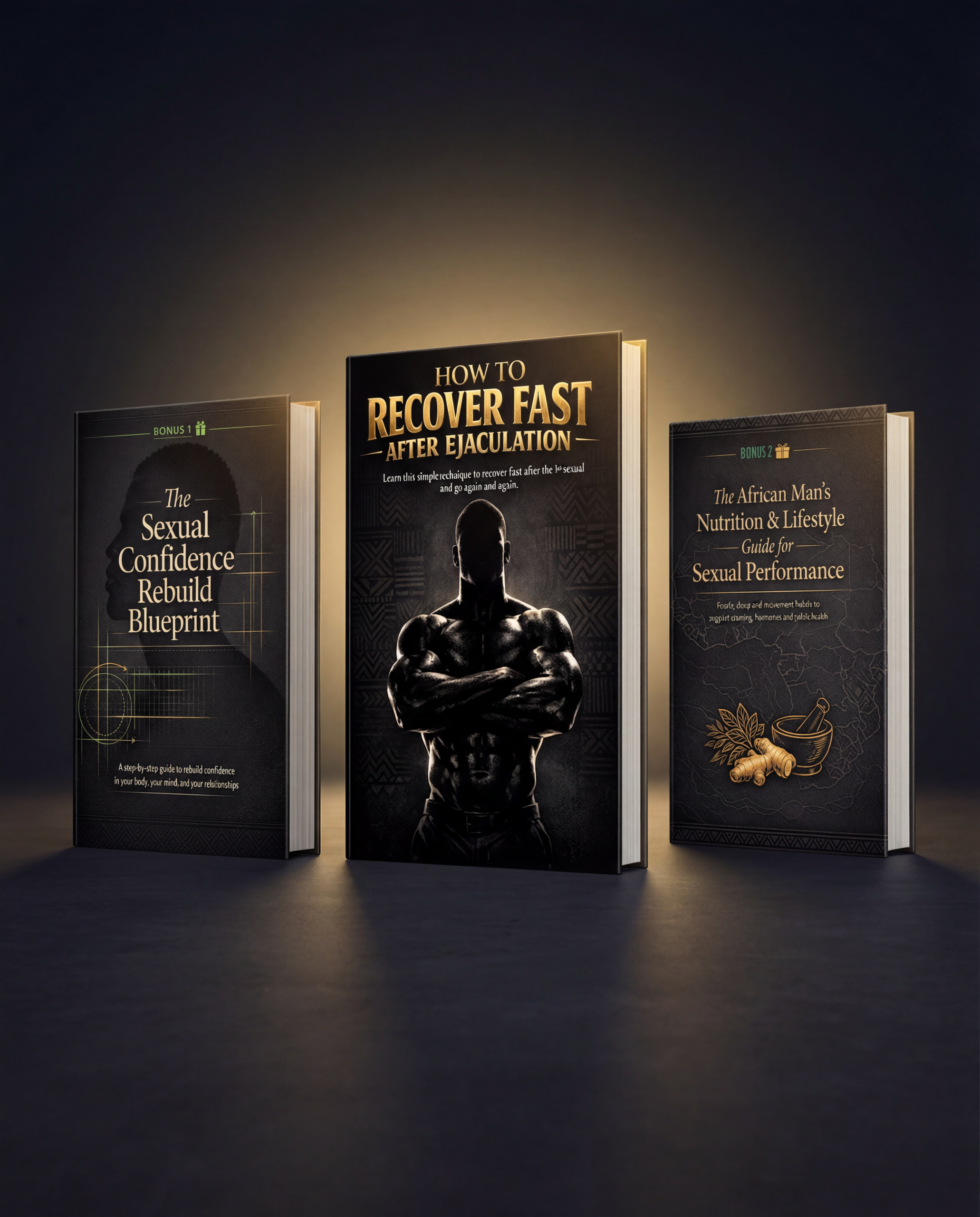 Bonus Books 3D Mockup — Sexual Confidence Blueprint, How To Recover Fast After Ejaculation, African Man's Nutrition Guide