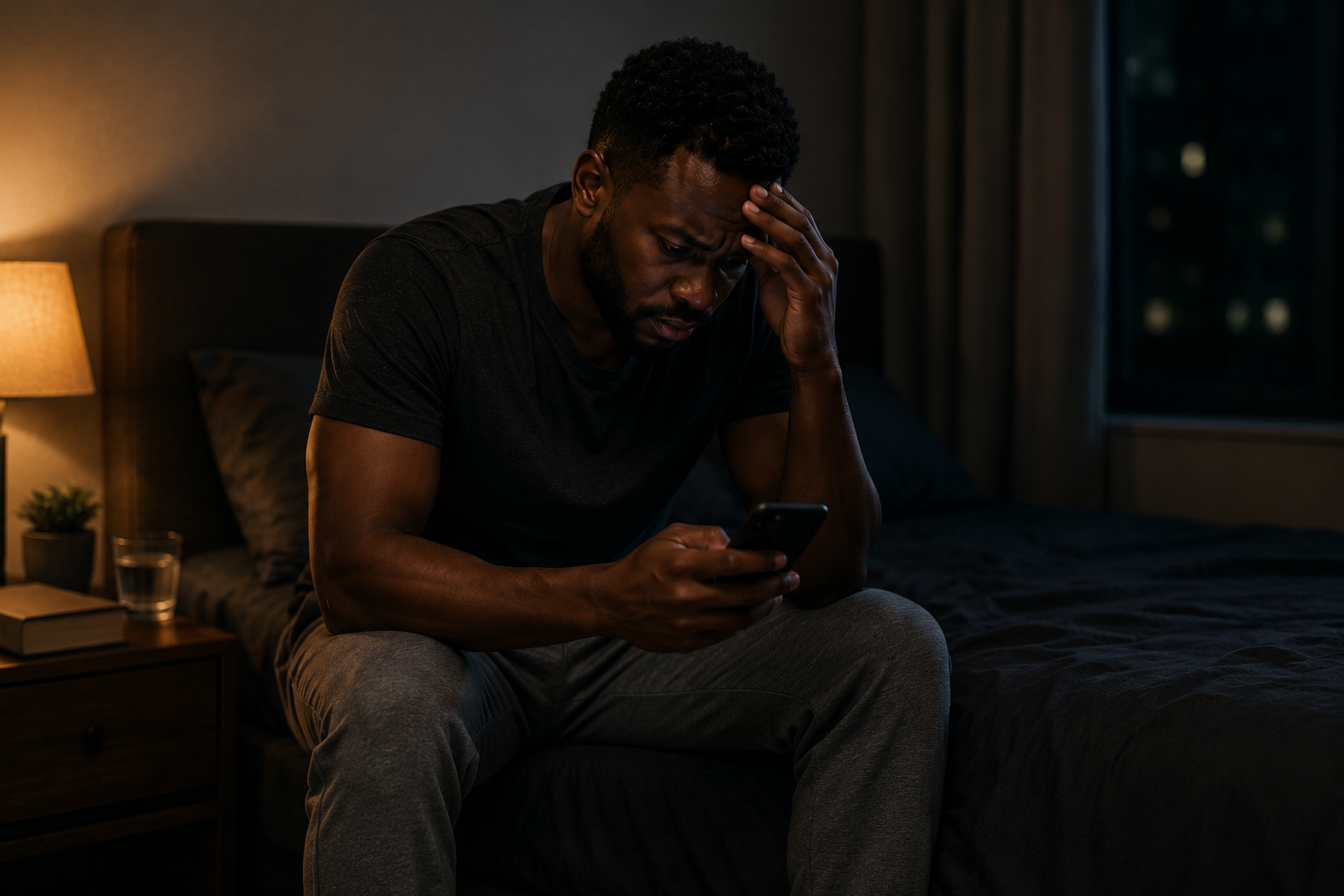 Man sitting alone at night reflecting on his struggle