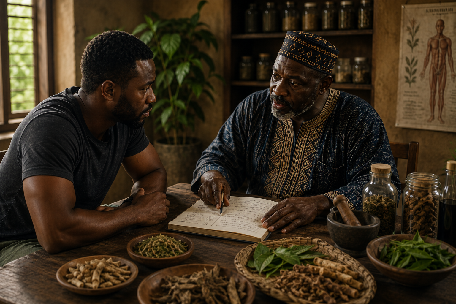 Traditional African herbal consultation in a rustic setting